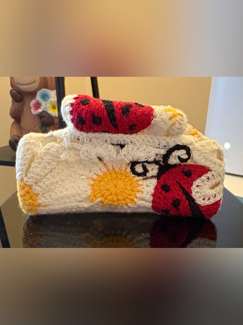 Hand Crafted Crochet Ladybug Hair Claw Clip in White, Red & Yellow